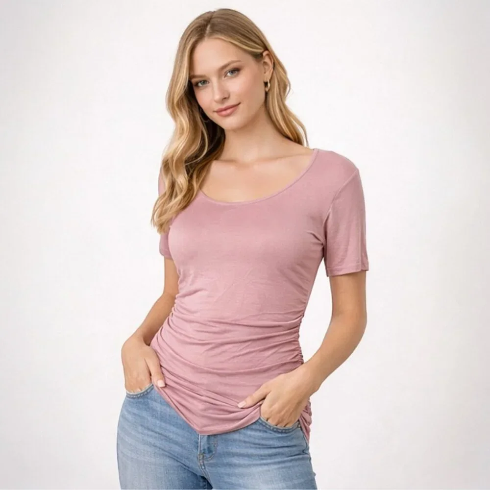 Women's Fitted Pink Ruched Tee Scoop Neck Casual & Comfy Soft Stretch Basic Top - Picture 4 of 8